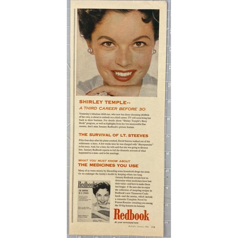 Redbook Magazine "Shirley Temple: A Third Career before 30"Vintage Print Ad 1958